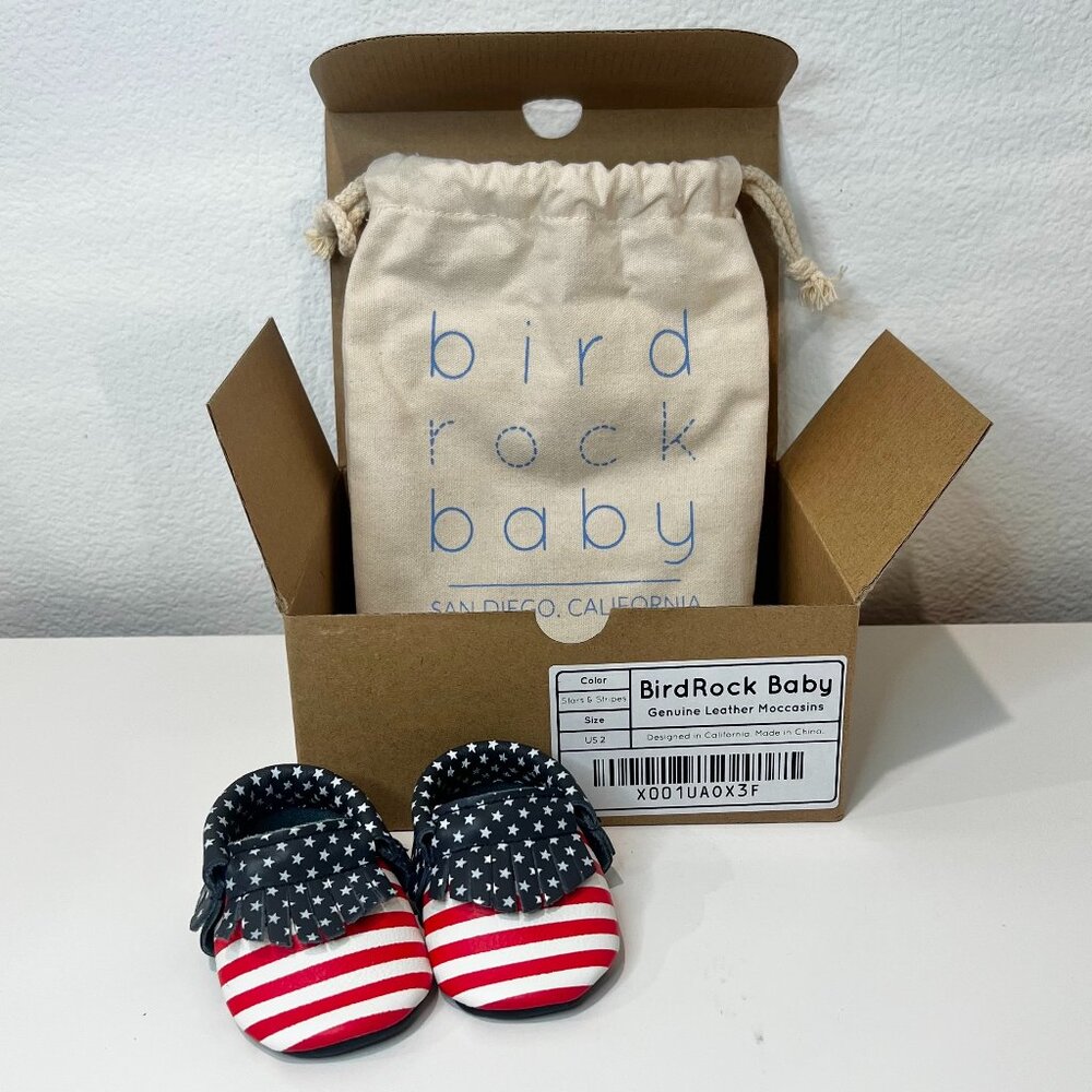 NIB! Bird Rock Baby Genuine Leather Moccasins Stars and Stripes Flag Size 2